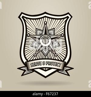 Police Badge with wording Serve and Protect. Illustration in Engraving Style . Free font used. Stock Vector