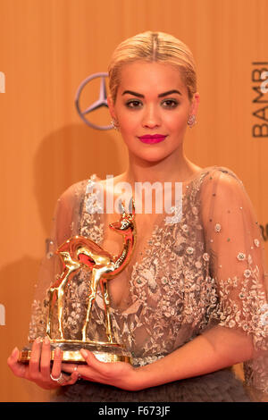 Rita Ora poses at the winners board during the Bambi Awards 2015 at Stage Theatre in Berlin, Germany, on 12 November 2015. Photo: Hubert Boesl - NO WIRE SERVICE - Stock Photo