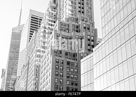 Black and white photo of skyscrapers in Manhattan, New York City, USA.