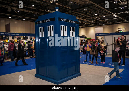 London, UK.  13 November 2015.  A model Tardis awaits fans gathered at the Excel Centre for the opening of the three day Doctor Who Festival.  The event is a celebration of all things Doctor Who - from costumes, behind the scenes, monsters and more. Credit:  Stephen Chung / Alamy Live News Stock Photo