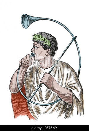 Roman military musical instrument. The Cornu. Engraving. 19th century. Color. Stock Photo