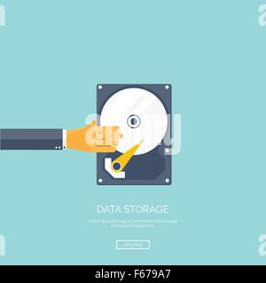 Vector illustration. Flat background with hand and hard drive. Information transfer. Web storage concept background. Cloud computing. Stock Vector