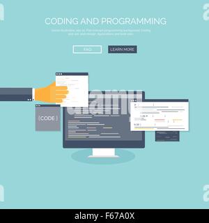 Vector illustration. Flat concept background, coding and programming. Search engine optimization. Stock Vector