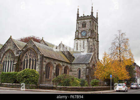 The fifteenth century parish church of St Eustachius which dominates the market town of Tavistock, Devon, adjacent to Dartmoor Stock Photo