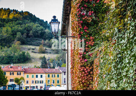 Boston ivy around street lamp on The Palace of the Captains in medieval mountain village in Tuscany characterized by houses with walls of stones derived from the Renaissance Stock Photo