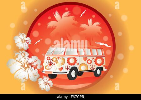 Retro bus with floral patterns on orange background with palm trees Stock Vector