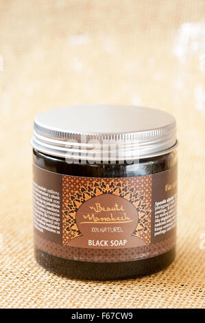 Savon Noir black soap from Beaute Marrakech, natural cosmetic made of Olea europaea oil for skin, body hygiene cosmetic goopy... Stock Photo
