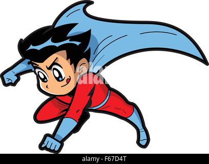 Anime Manga Boy Flying Superhero With Cape Making a Fist Stock Vector