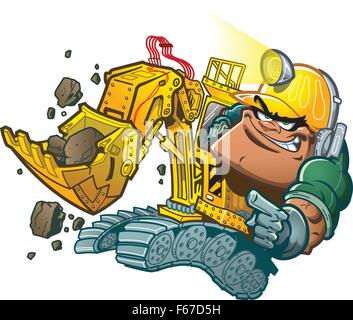 Cartoon Backhoe Driver with Helmet Lamp Stock Vector