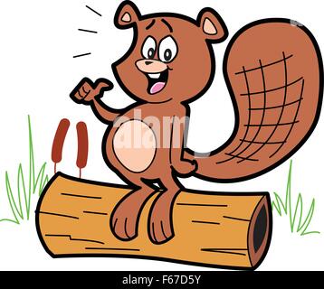 Happy Cartoon Beaver Standing On a Log Stock Vector
