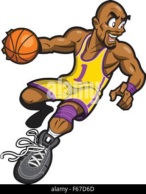Happy Bald Black Basketball Player Smiling and Dribbling the Ball Stock Vector