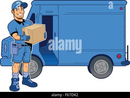 Express Delivery Man Holding a Package, Standing in Front of His Truck Stock Vector