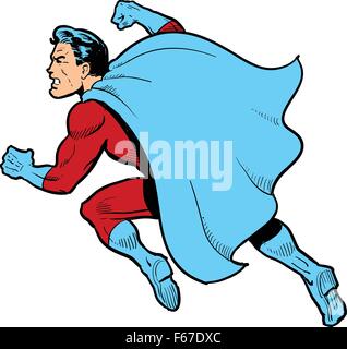 Classic superhero with cape fighting and throwing a punch Stock Vector