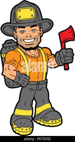 Handsome Smiling Fireman Holding an Axe Stock Vector