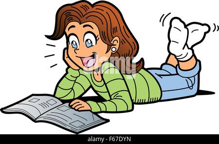 Young Woman Lying on the Floor Reading a Magazine Stock Vector