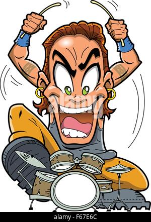 Heavy metal rock drummer is a wild man playing drums. Stock Vector