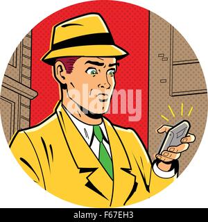 Ironic Satirical Illustration of a Retro Classic Comics Man With a Fedora and a Modern Smartphone Stock Vector