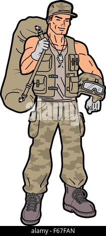 Handsome Smiling American Soldier with Duffel Bag Stock Vector