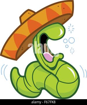 Vector illustration of a cartoon drunk tequila worm holding a bottle of ...