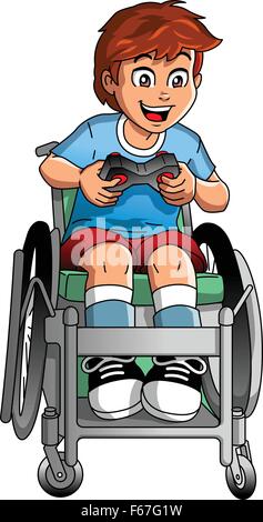 Special needs or disabled boy gamer in wheelchair playing a video game holding a video game controller Stock Vector
