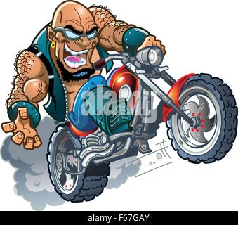 Wild Crazy Bald Smiling Biker Dude with Sunglasses on Motorcycle Stock Vector