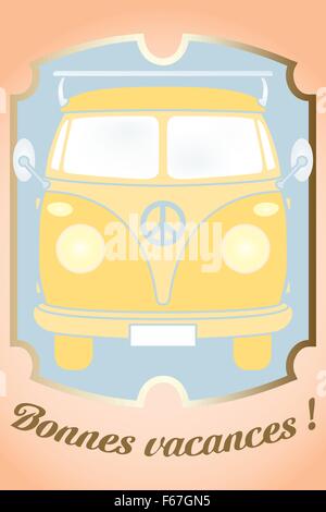 Retro van card illustration with French text for happy holidays - available as vector-eps and jpg file Stock Vector