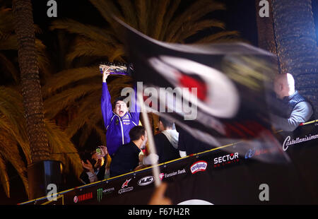 Palma de Mallorca, Spain. 13th November, 2015. Yamaha rider Jorge Lorenzo celebrates his 2015 world Moto GP championship at his birthplace Palma de Mallorca, in the Spanish island of Majorca Credit:  zixia/Alamy Live News Stock Photo Stock Photo