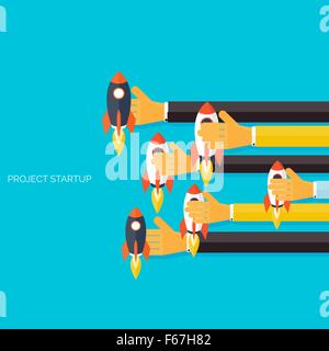 Flat rocket icon in hands. Startup concept. Project development. Stock Vector
