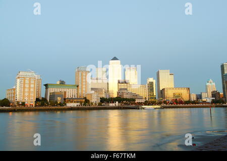 London's Canary Wharf Docklands Financial District at Dusk Low Tide Panorama - HDR01 Stock Photo