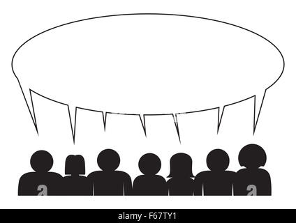 A silhouette of a group of people sharing a large speech bubble isolated on a white background Stock Photo