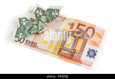 Dollar origami butterfly sits on 50 euro banknote isolated on white background. Concept of two leading hard currencies - US Doll Stock Photo