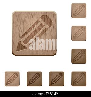Set of carved wooden pencil buttons. 8 variations included. Arranged layer structure. Stock Vector