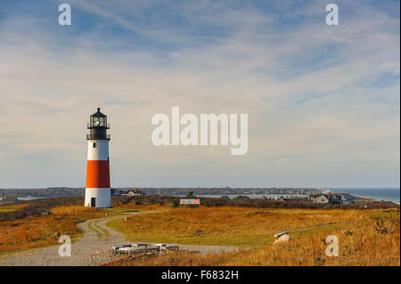 Sankaty Head Lighthouse Nantucket Massachusetts, built in 1850, sweeping view of the moors and sea in autumn fall colors Cape Cod New England travel. Stock Photo