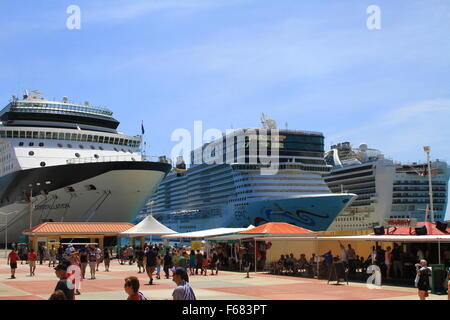Three cruise ships in the Dr. A. C. Wathey Cruise port, St Martin or St Maarten, Caribbean Stock Photo