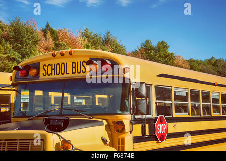 Yellow school bus in parking lot against autumn trees with beautiful blue sky Stock Photo