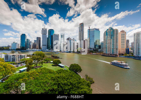 BRISBANE, AUS - NOV 13 2015: Panoramic view of Brisbane Skyline and Kookaburra Queen ship. Brisbane is Australias third largest  Stock Photo