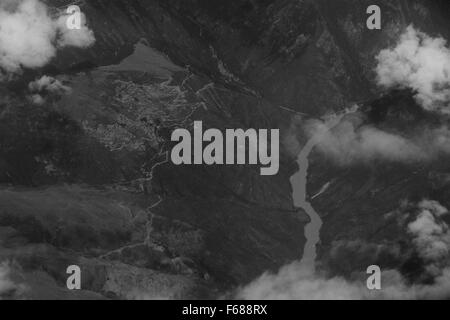 Aerial view of Tibetan landscape in black and white Stock Photo