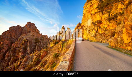 Mountains road through the Calanches de Piana, Golfe de Porto, Corsica Island, France, UNESCO Stock Photo