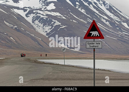 Polar bear warning sign, Longyearbyen, Spitsbergen Island, Svalbard Archipelago, Svalbard and Jan Mayen, Norway, Europe Stock Photo