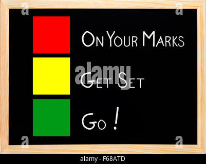 On Your Mark, Get Set, Go written on blackboard or chalkboard with traffic light red yellow green colors Stock Photo