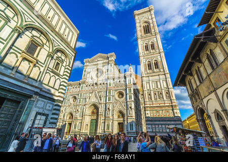 Florence, Italy - October 19, 2015 : Facade of the Cathedral of Saint Mary of the Flower with tourists at Florence, Italy on October 19, 2015. Stock Photo