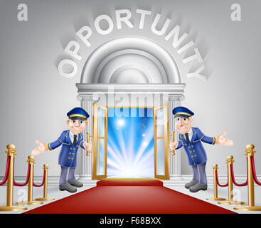 Opportunity door concept of a doormen holding open a door at a red carpet entrance with velvet ropes. Light streaming through it Stock Photo