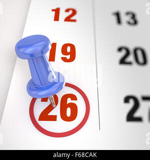 Calendar and blue thumbtack. Mark on the calendar at 26. Stock Photo