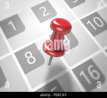 Calendar and red thumbtack. Mark on the calendar at 8. Stock Photo