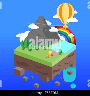 isometric illustration of forest landscape with an tree and mountain.Balloon and rainbow in the sky Stock Vector