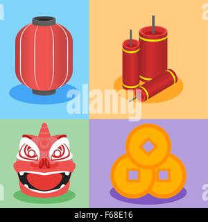 Chinese element graphic in flat design style. Chinese lantern, Red fire crackers, Gold Chinese coin and Chinese lion head Stock Vector