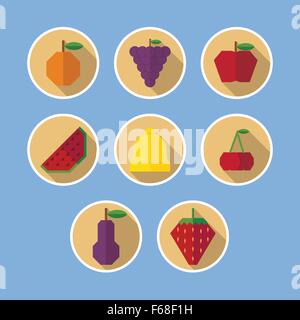 Set of fruit flat icons with long shadows, VECTOR, EPS10 Stock Vector