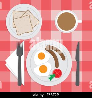 American breakfast set on the table, Fried egg, Sausages, Bread, Coffee, VECTOR, EPS10 Stock Vector