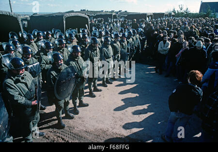 French police, Gendarmerie Mobile,  lined up against antinuclear demonstrators in Plogoff, small village in South West Brittany, France Stock Photo