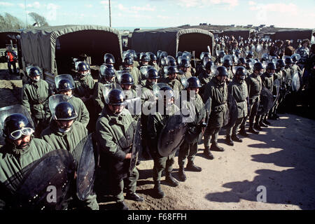 French police, Gendarmerie Mobile,  lined up against antinuclear demonstrators in Plogoff, small village in South West Brittany, France Stock Photo